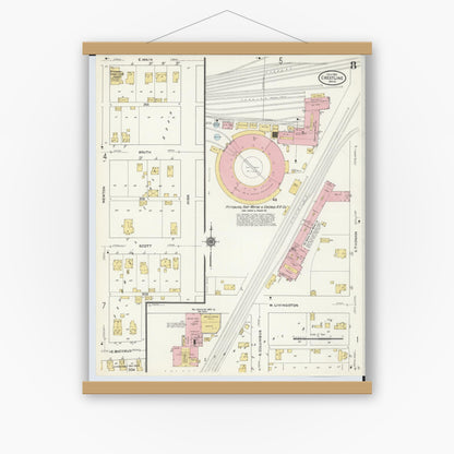 Old map wall art mockup — magnetic wood frame on white wall — Sanborn Fire Insurance Map from Crestline, Crawford County, Ohio (1910), Sheet #0008
