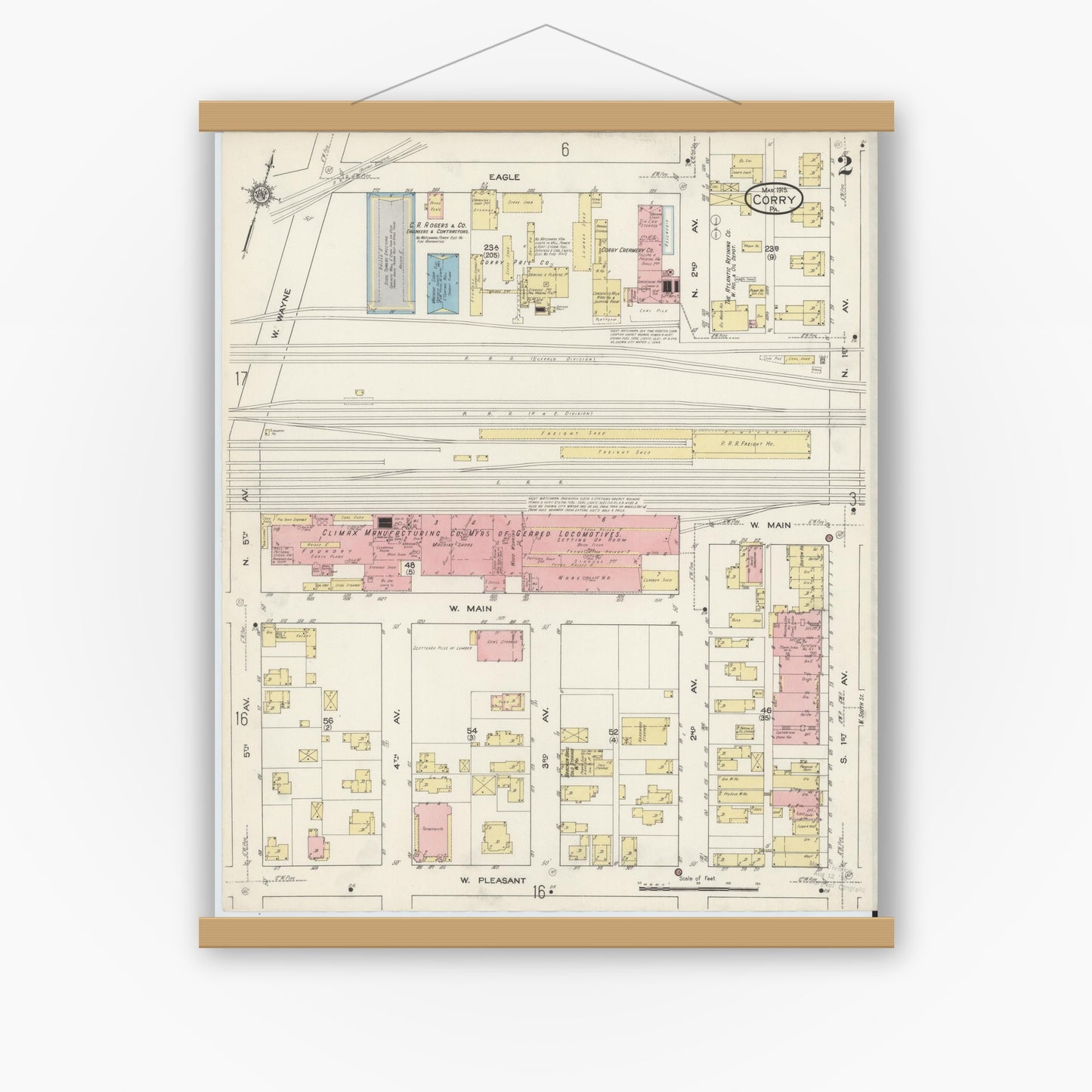 Old map wall art mockup — magnetic wood frame on white wall — Sanborn Fire Insurance Map from Corry, Erie County, Pennsylvania (1915), Sheet #0002