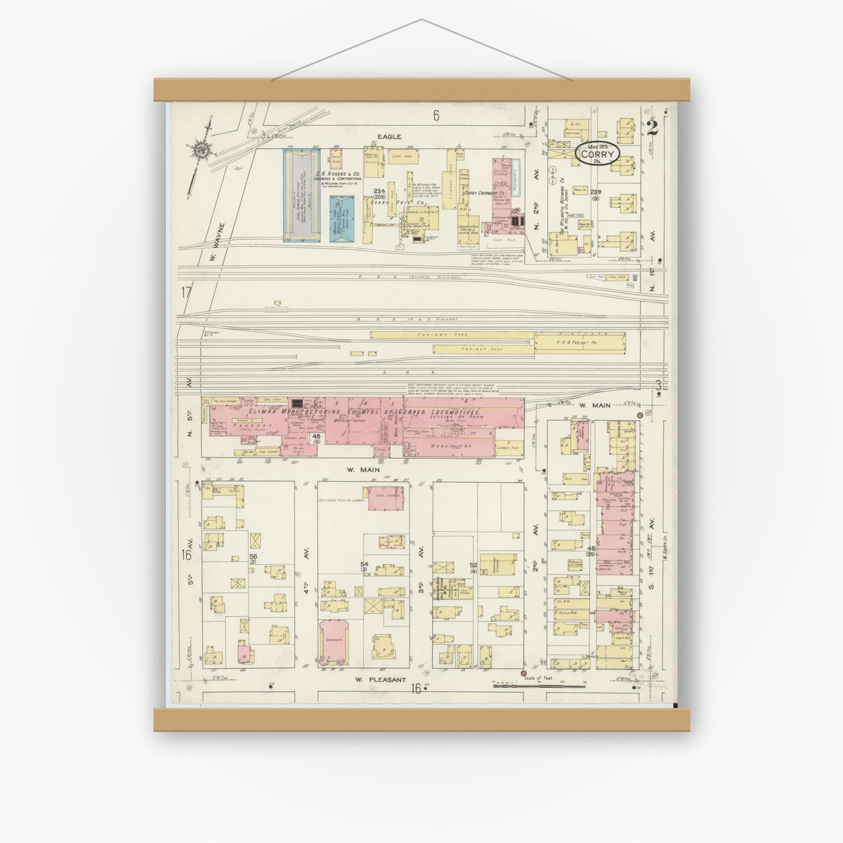 Old map wall art mockup — magnetic wood frame on white wall — Sanborn Fire Insurance Map from Corry, Erie County, Pennsylvania (1915), Sheet #0002