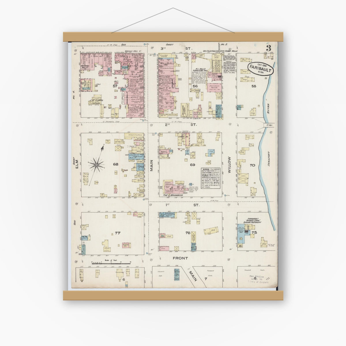 Old map wall art mockup — magnetic wood frame on white wall — Sanborn Fire Insurance Map from Faribault, Rice County, Minnesota (1884), Sheet #0003