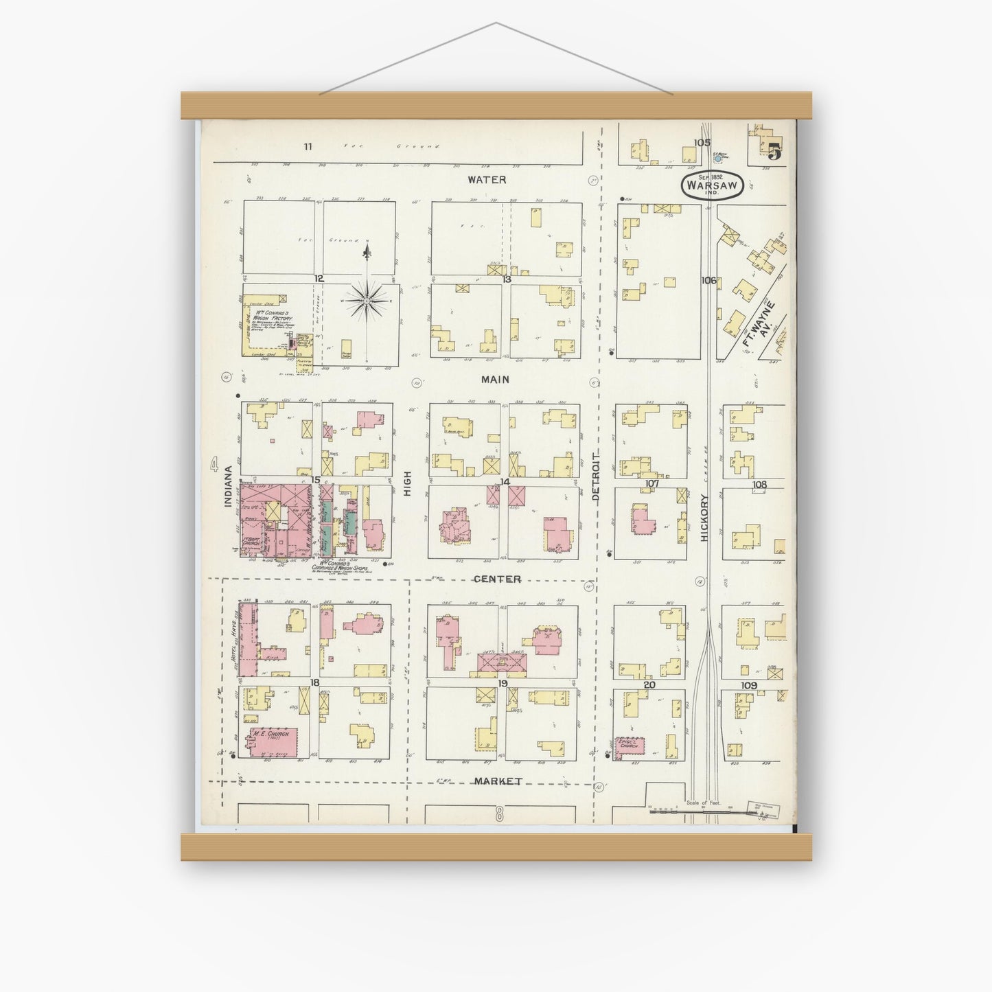 Old map wall art mockup — magnetic wood frame on white wall — Sanborn Fire Insurance Map from Warsaw, Kosciusko County, Indiana (1892), Sheet #0005