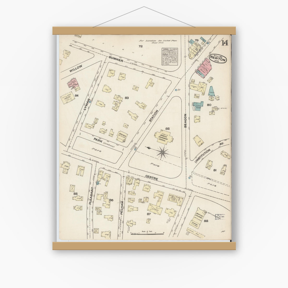 Old map wall art mockup — magnetic wood frame on white wall — Sanborn Fire Insurance Map from Newton, Middlesex County, Massachusetts (1884), Sheet #0014