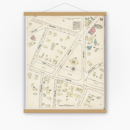Old map wall art mockup — magnetic wood frame on white wall — Sanborn Fire Insurance Map from Newton, Middlesex County, Massachusetts (1884), Sheet #0014