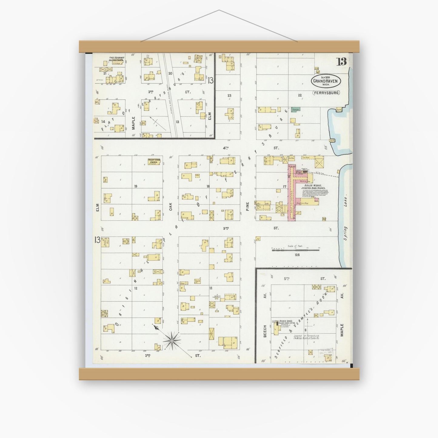 Old map wall art mockup — magnetic wood frame on white wall — Sanborn Fire Insurance Map from Grand Haven, Ottawa County, Michigan (1899), Sheet #0013