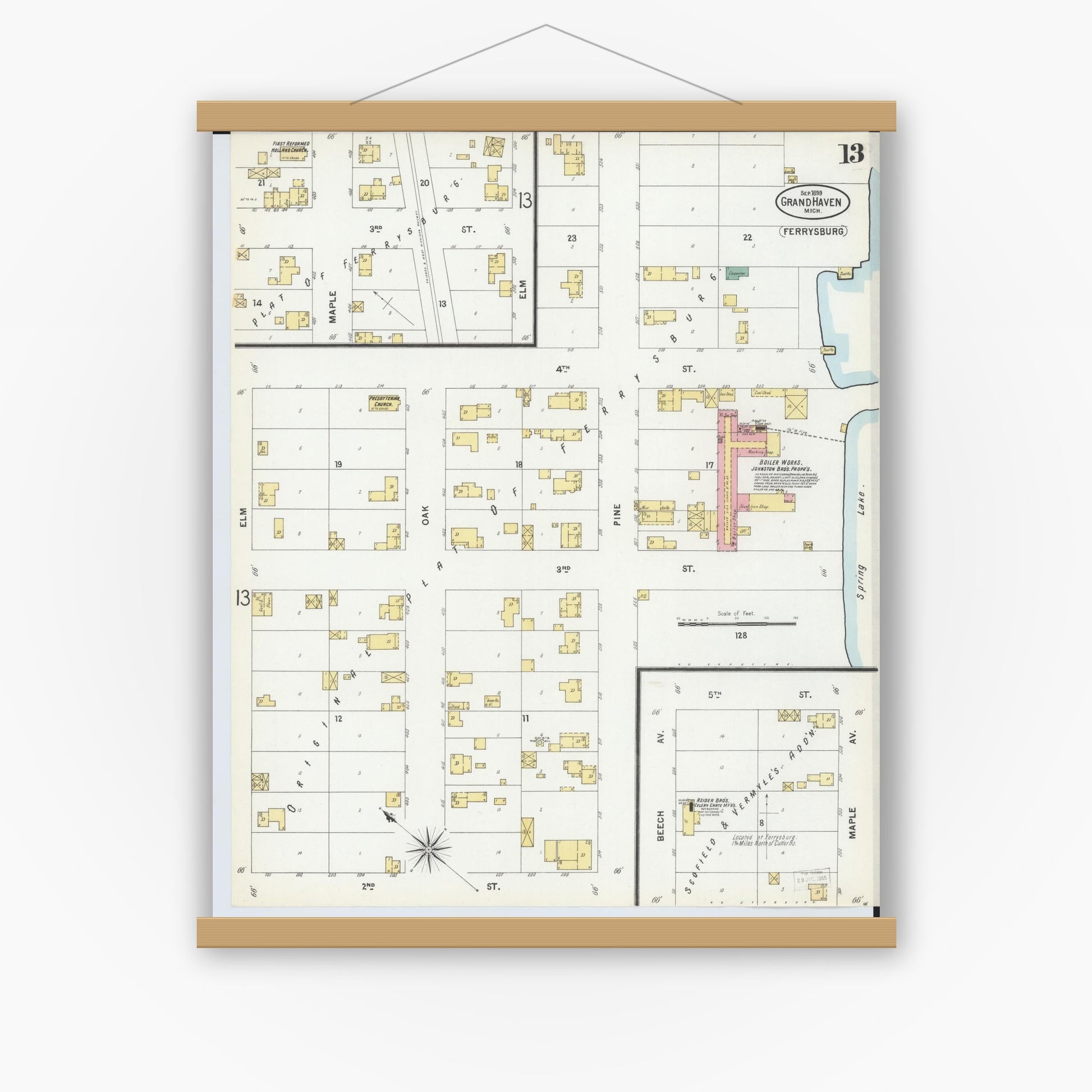 Old map wall art mockup — magnetic wood frame on white wall — Sanborn Fire Insurance Map from Grand Haven, Ottawa County, Michigan (1899), Sheet #0013