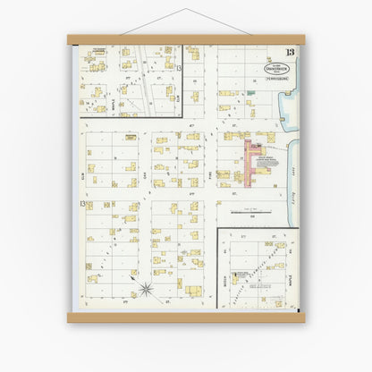 Old map wall art mockup — magnetic wood frame on white wall — Sanborn Fire Insurance Map from Grand Haven, Ottawa County, Michigan (1899), Sheet #0013