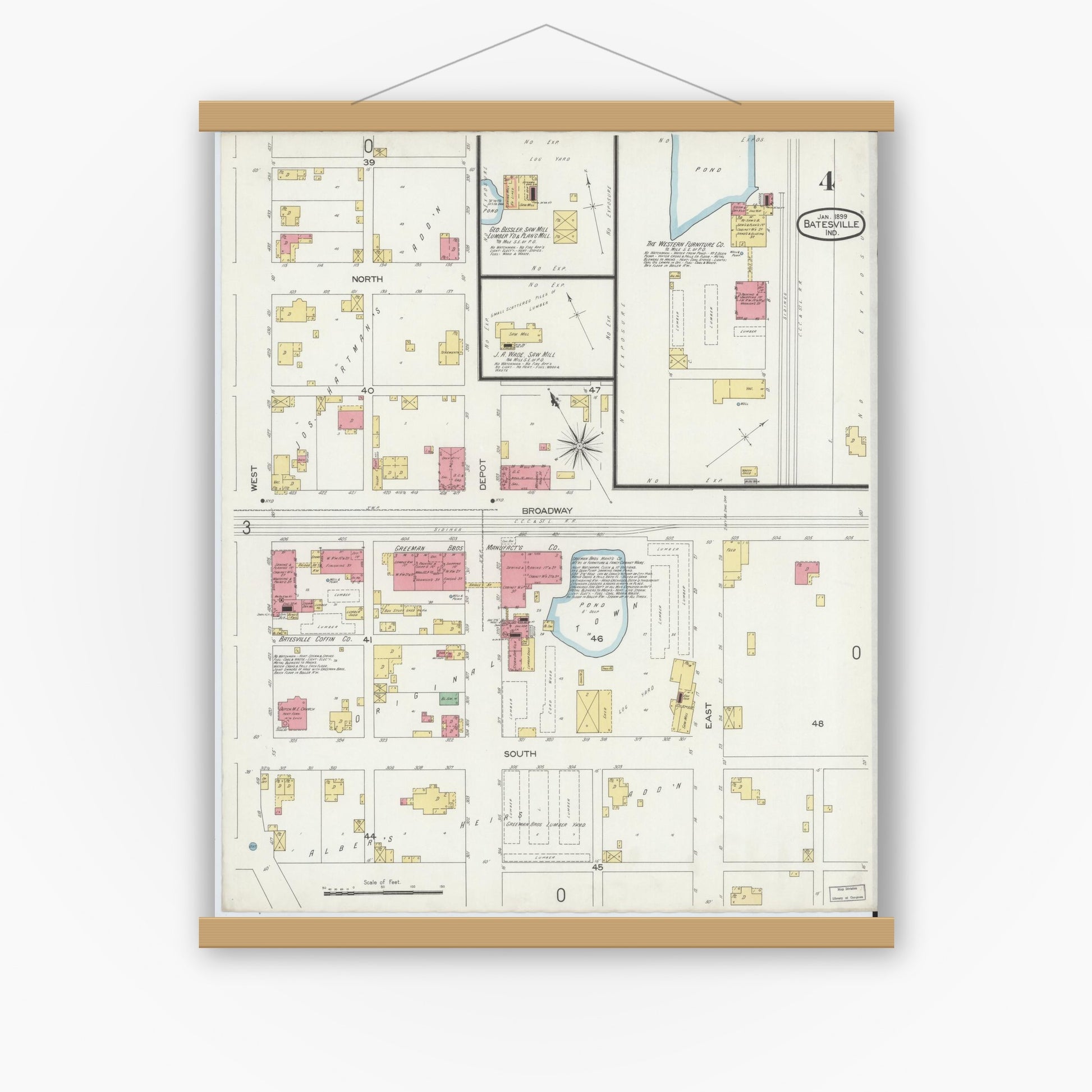 Old map wall art mockup — magnetic wood frame on white wall — Sanborn Fire Insurance Map from Batesville, Ripley County, Indiana (1899), Sheet #0004