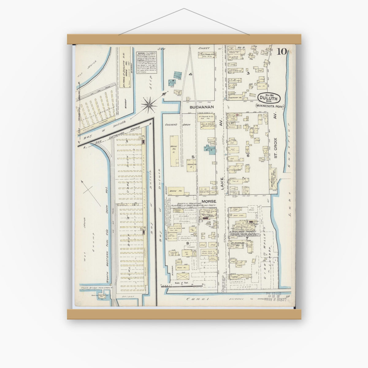 Old map wall art mockup — magnetic wood frame on white wall — Sanborn Fire Insurance Map from Duluth, Saint Louis County, Minnesota (1884), Sheet #0010