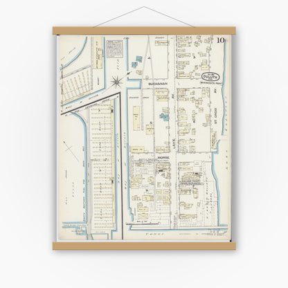 Old map wall art mockup — magnetic wood frame on white wall — Sanborn Fire Insurance Map from Duluth, Saint Louis County, Minnesota (1884), Sheet #0010