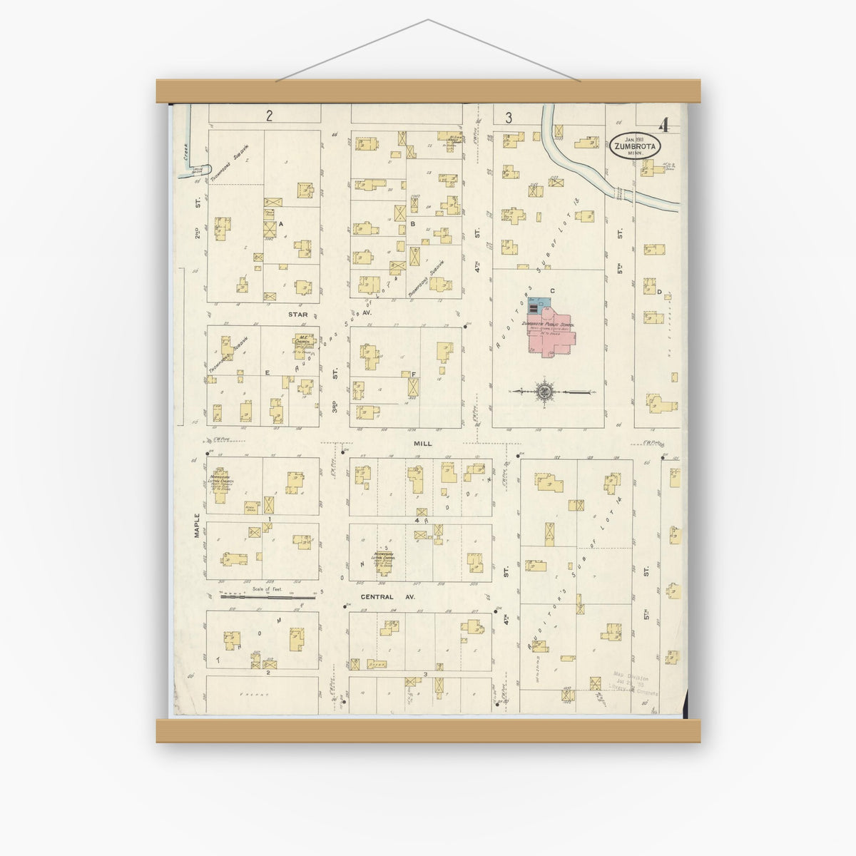 Old map wall art mockup — magnetic wood frame on white wall — Sanborn Fire Insurance Map from Zumbrota, Goodhue County, Minnesota (1911), Sheet #0004
