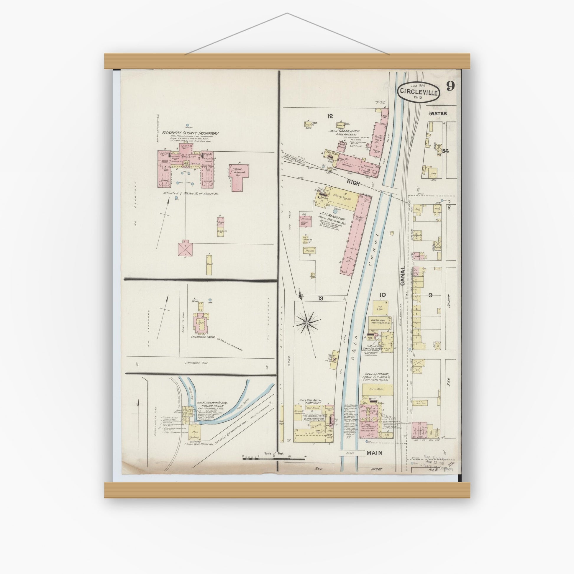 Old map wall art mockup — magnetic wood frame on white wall — Sanborn Fire Insurance Map from Circleville, Pickaway County, Ohio (1889), Sheet #0009