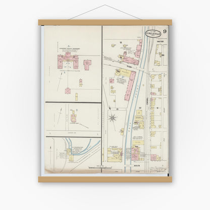 Old map wall art mockup — magnetic wood frame on white wall — Sanborn Fire Insurance Map from Circleville, Pickaway County, Ohio (1889), Sheet #0009