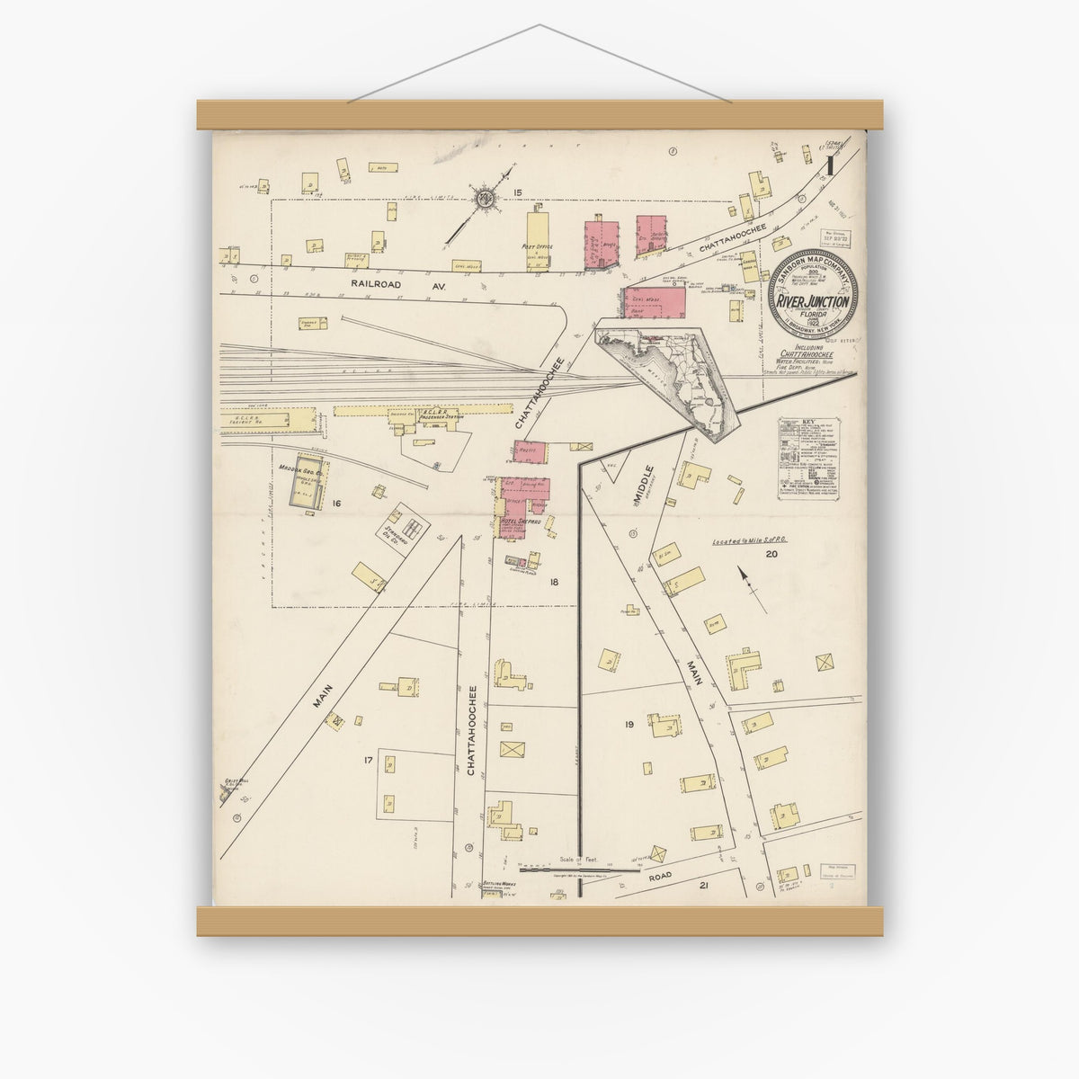 Old map wall art mockup — magnetic wood frame on white wall — Sanborn Fire Insurance Map from River Junction, Gadsden County, Florida (1922) - Complete Map Set