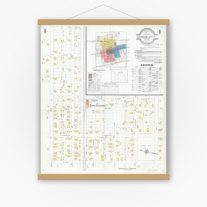Old map wall art mockup — magnetic wood frame on white wall — Sanborn Fire Insurance Map from Monroe City, Monroe County, Missouri (1933), Sheet #0001