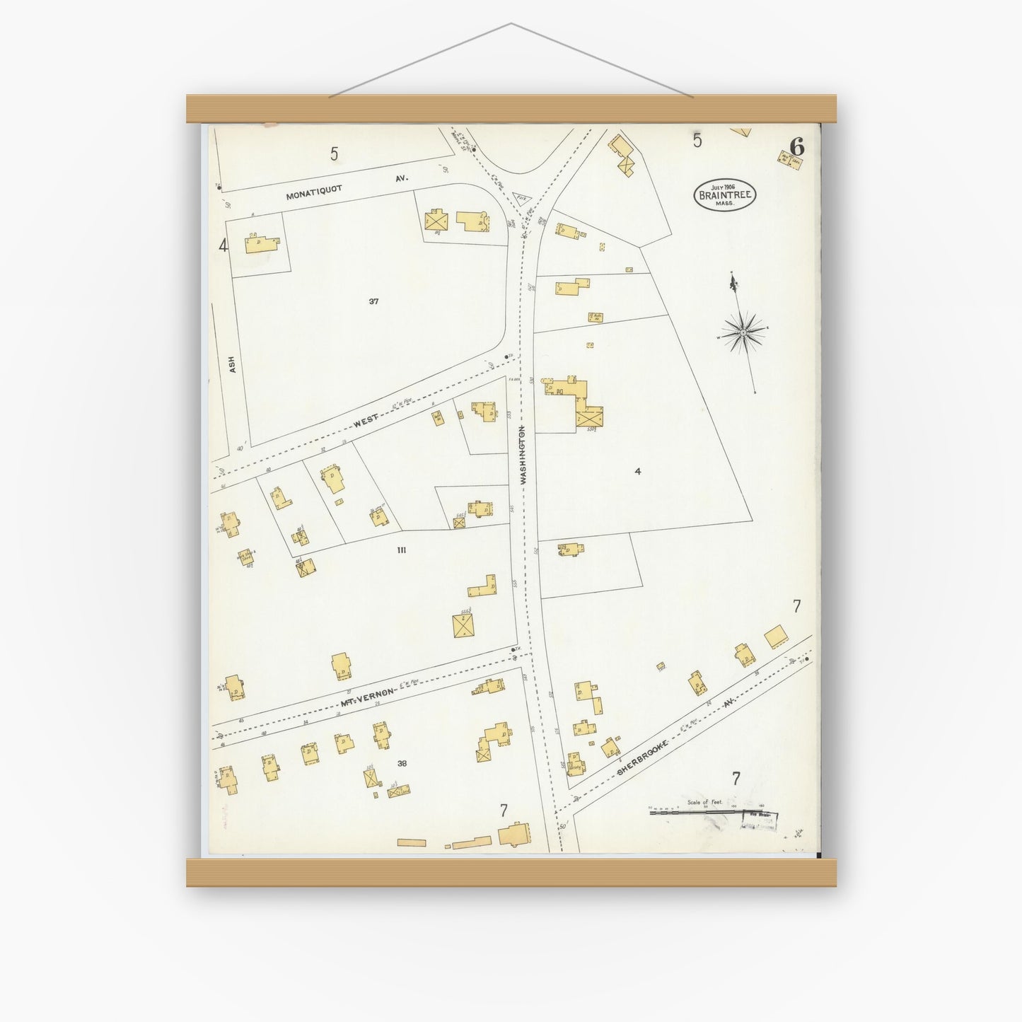 Old map wall art mockup — magnetic wood frame on white wall — Sanborn Fire Insurance Map from Braintree, Norfolk County, Massachusetts (1906), Sheet #0006
