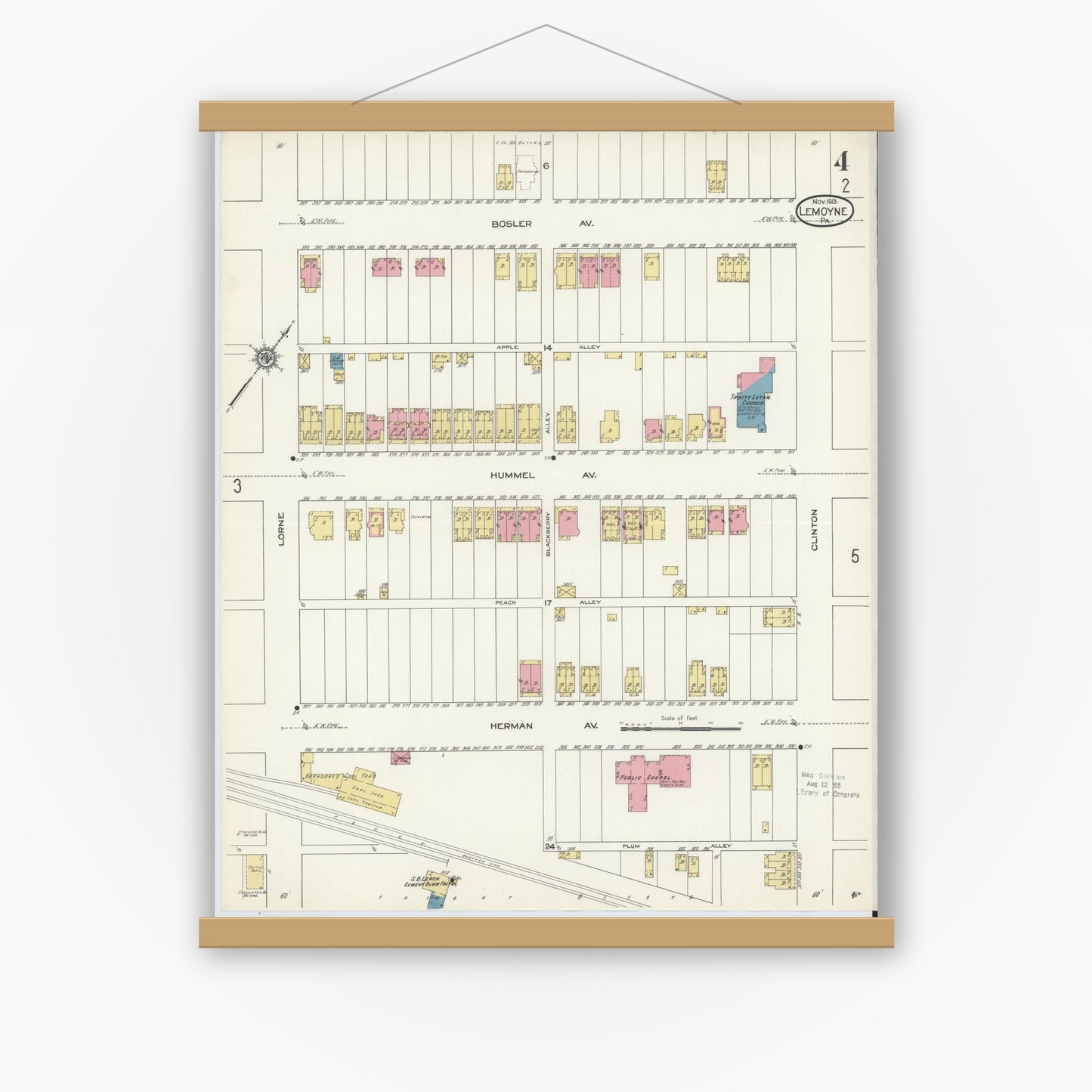 Old map wall art mockup — magnetic wood frame on white wall — Sanborn Fire Insurance Map from Lemoyne, Cumberland County, Pennsylvania (1913), Sheet #0004