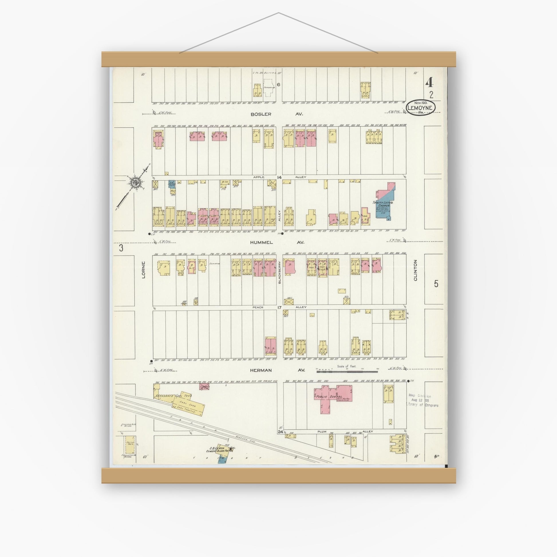 Old map wall art mockup — magnetic wood frame on white wall — Sanborn Fire Insurance Map from Lemoyne, Cumberland County, Pennsylvania (1913), Sheet #0004