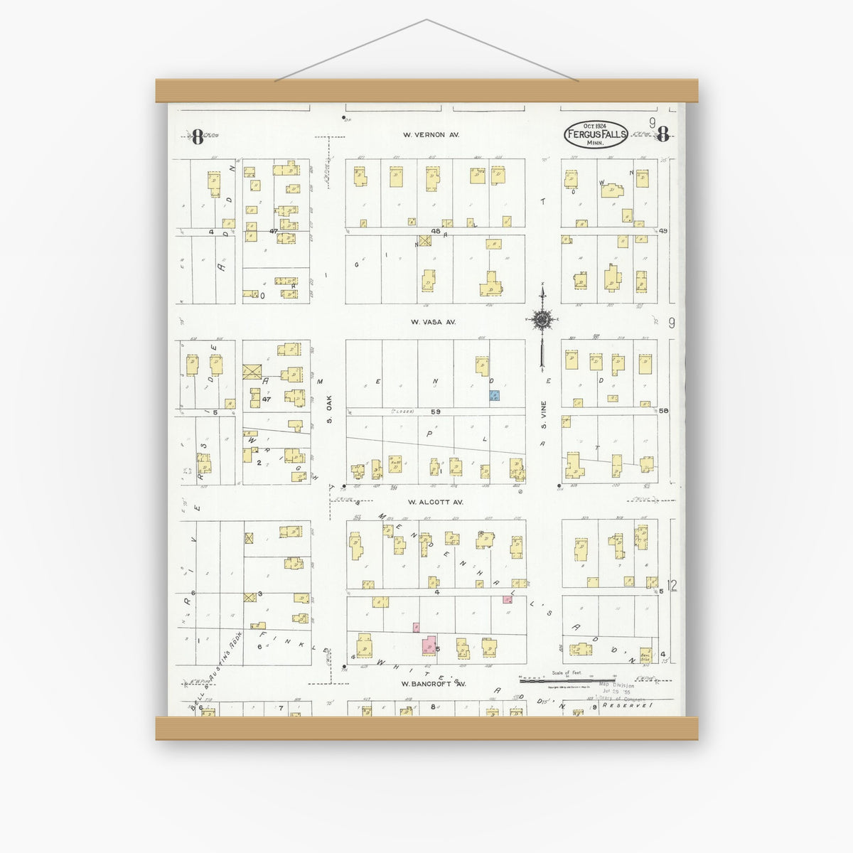 Old map wall art mockup — magnetic wood frame on white wall — Sanborn Fire Insurance Map from Fergus Falls, Otter Tail County, Minnesota (1924), Sheet #0008