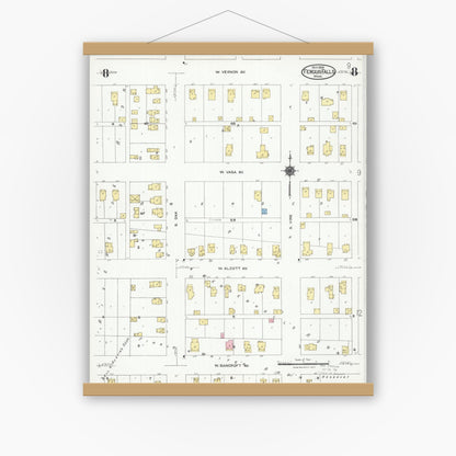 Old map wall art mockup — magnetic wood frame on white wall — Sanborn Fire Insurance Map from Fergus Falls, Otter Tail County, Minnesota (1924), Sheet #0008