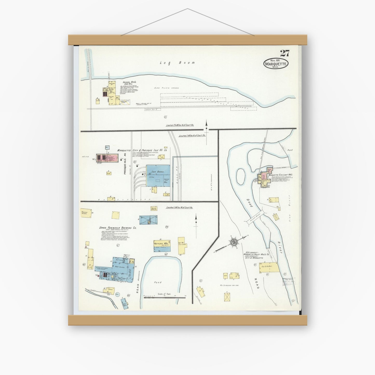Old map wall art mockup — magnetic wood frame on white wall — Sanborn Fire Insurance Map from Marquette, Marquette County, Michigan (1911), Sheet #0027