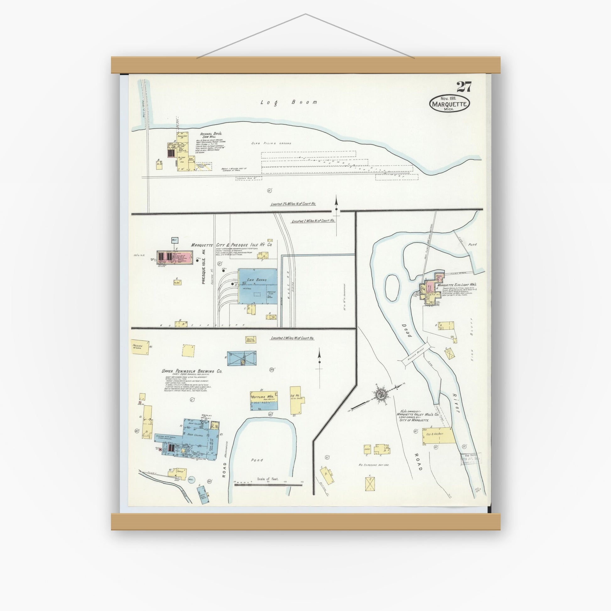 Old map wall art mockup — magnetic wood frame on white wall — Sanborn Fire Insurance Map from Marquette, Marquette County, Michigan (1911), Sheet #0027