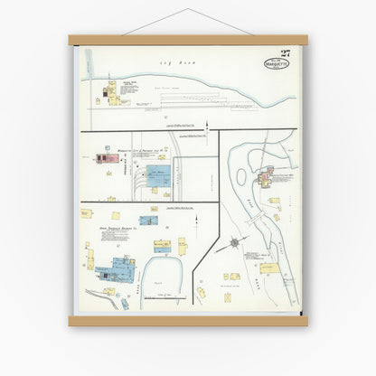 Old map wall art mockup — magnetic wood frame on white wall — Sanborn Fire Insurance Map from Marquette, Marquette County, Michigan (1911), Sheet #0027