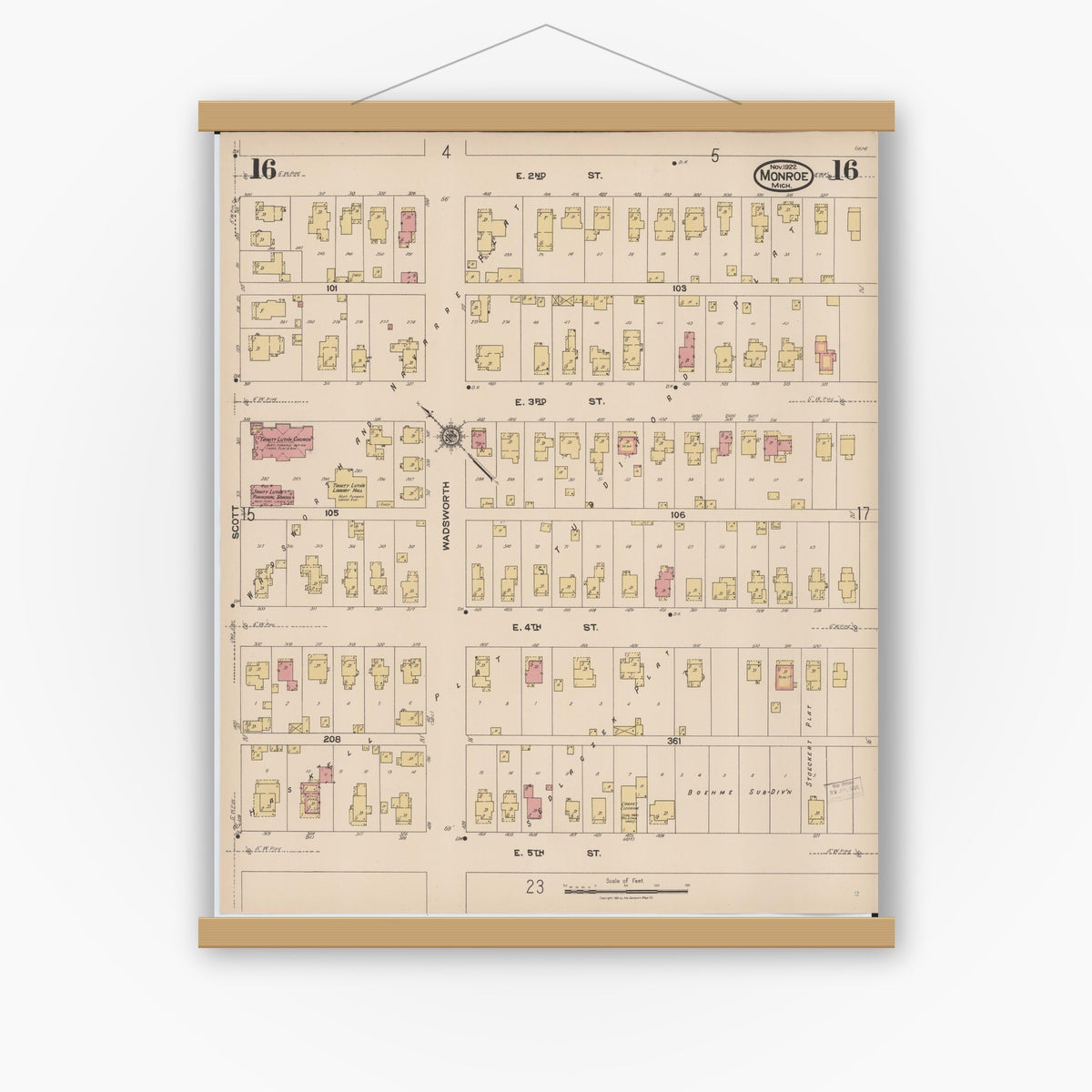 Old map wall art mockup — magnetic wood frame on white wall — Sanborn Fire Insurance Map from Monroe, Monroe County, Michigan (1922), Sheet #0016