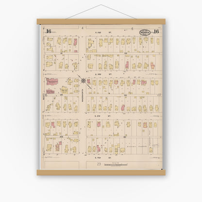 Old map wall art mockup — magnetic wood frame on white wall — Sanborn Fire Insurance Map from Monroe, Monroe County, Michigan (1922), Sheet #0016