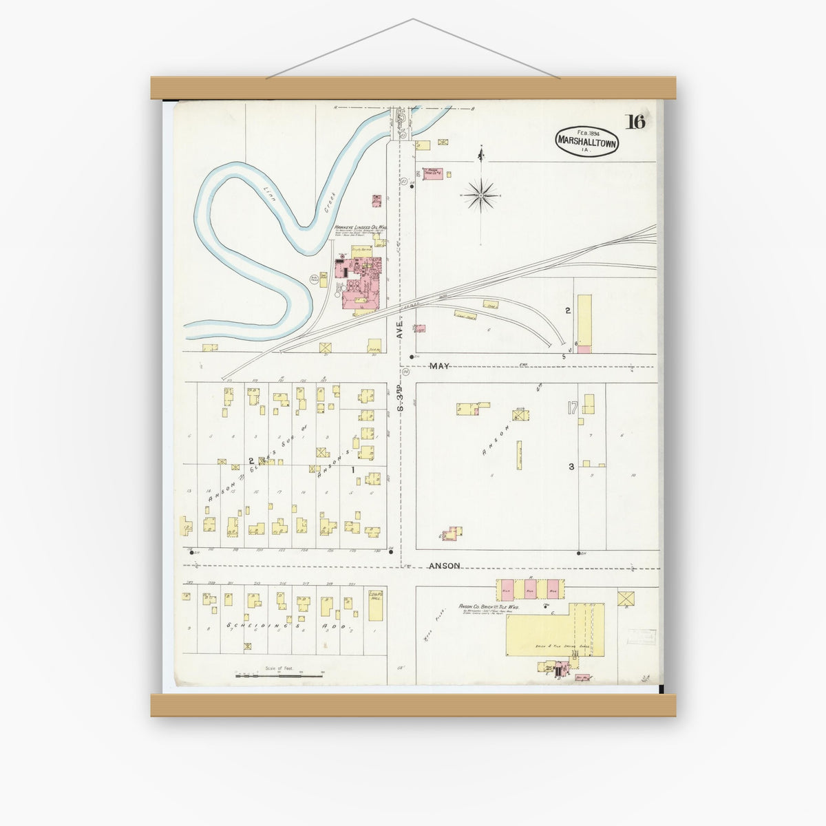 Old map wall art mockup — magnetic wood frame on white wall — Sanborn Fire Insurance Map from Marshalltown, Marshall County, Iowa (1894), Sheet #0016