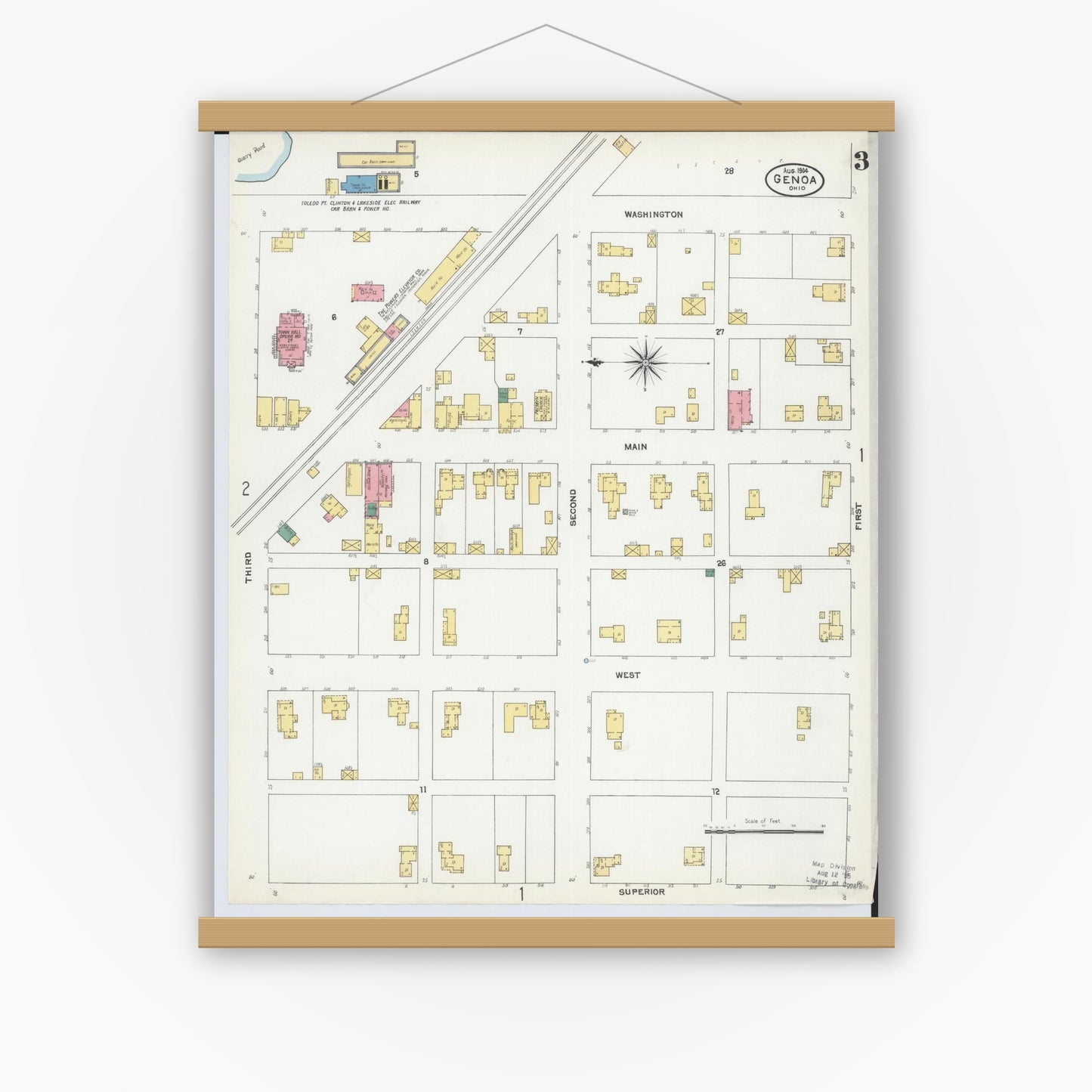 Old map wall art mockup — magnetic wood frame on white wall — Sanborn Fire Insurance Map from Genoa, Ottawa County, Ohio (1904), Sheet #0003