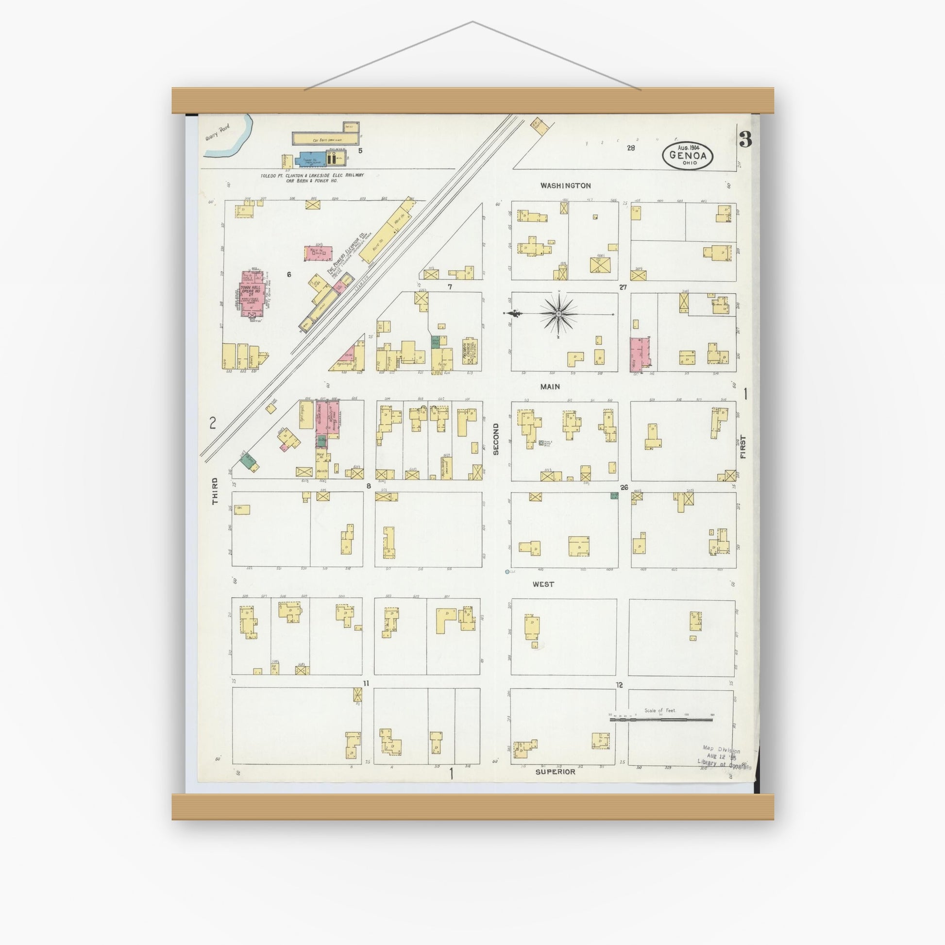 Old map wall art mockup — magnetic wood frame on white wall — Sanborn Fire Insurance Map from Genoa, Ottawa County, Ohio (1904), Sheet #0003
