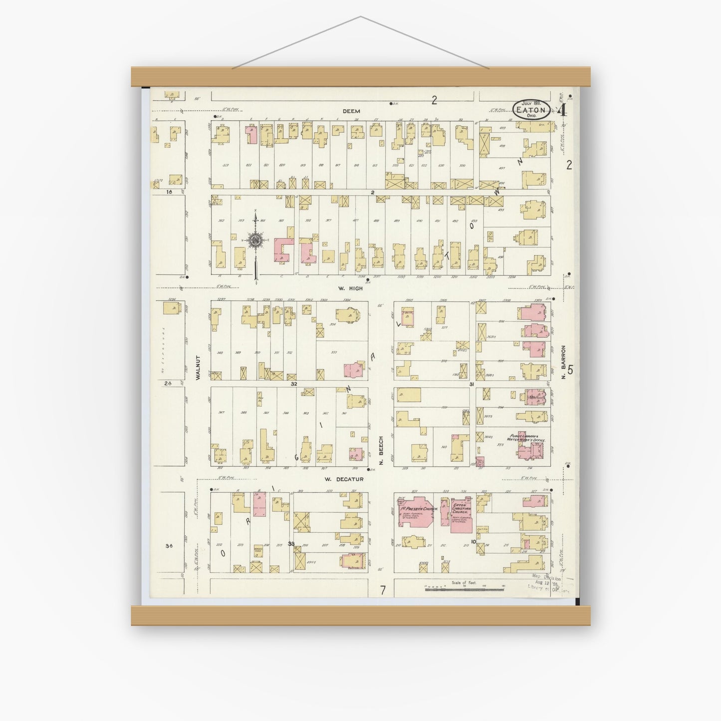 Old map wall art mockup — magnetic wood frame on white wall — Sanborn Fire Insurance Map from Eaton, Preble County, Ohio (1911), Sheet #0004