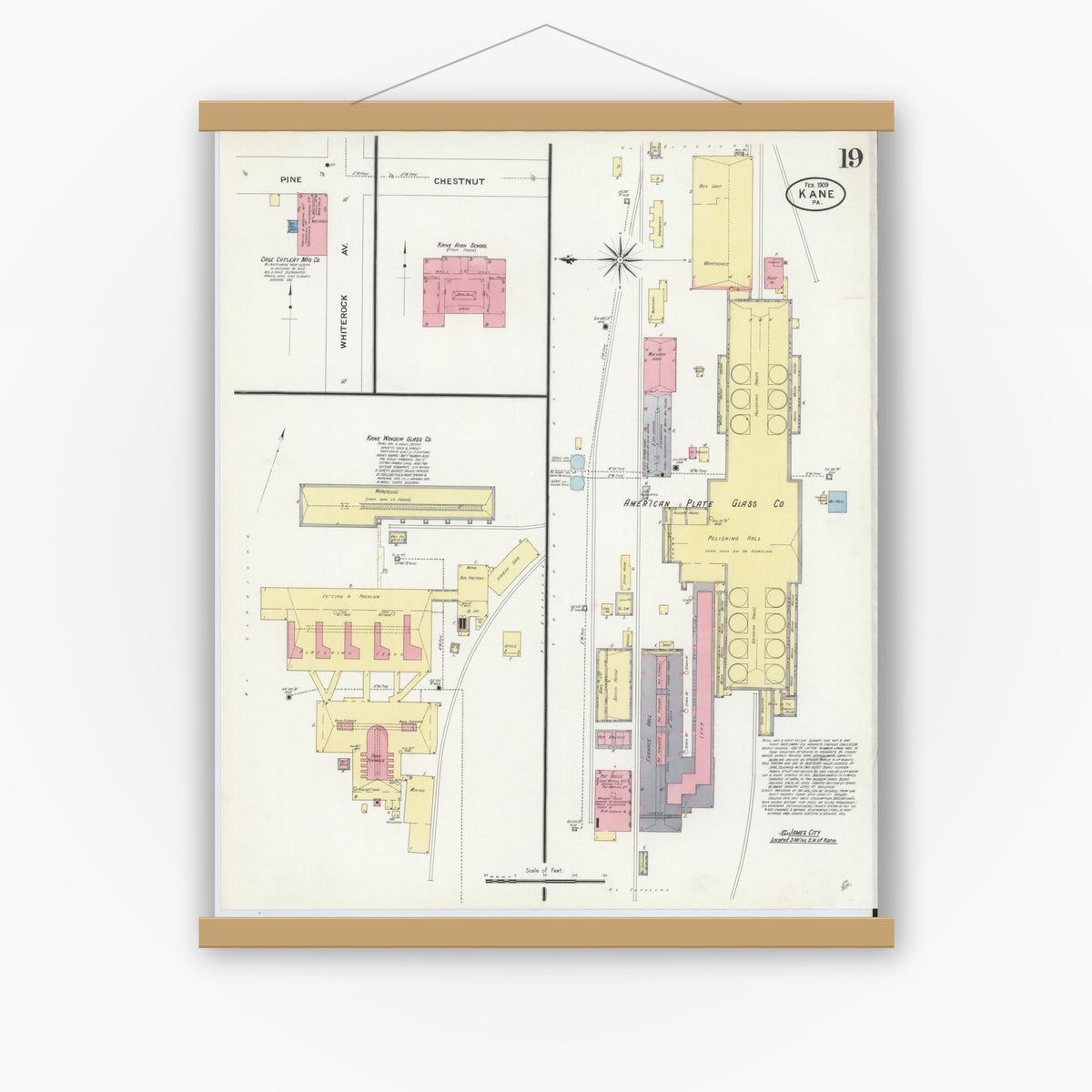 Old map wall art mockup — magnetic wood frame on white wall — Sanborn Fire Insurance Map from Kane, McKean County, Pennsylvania (1909), Sheet #0019