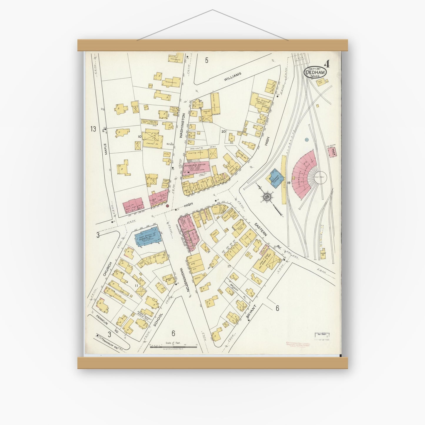 Old map wall art mockup — magnetic wood frame on white wall — Sanborn Fire Insurance Map from Dedham, Norfolk County, Massachusetts (1917), Sheet #0004