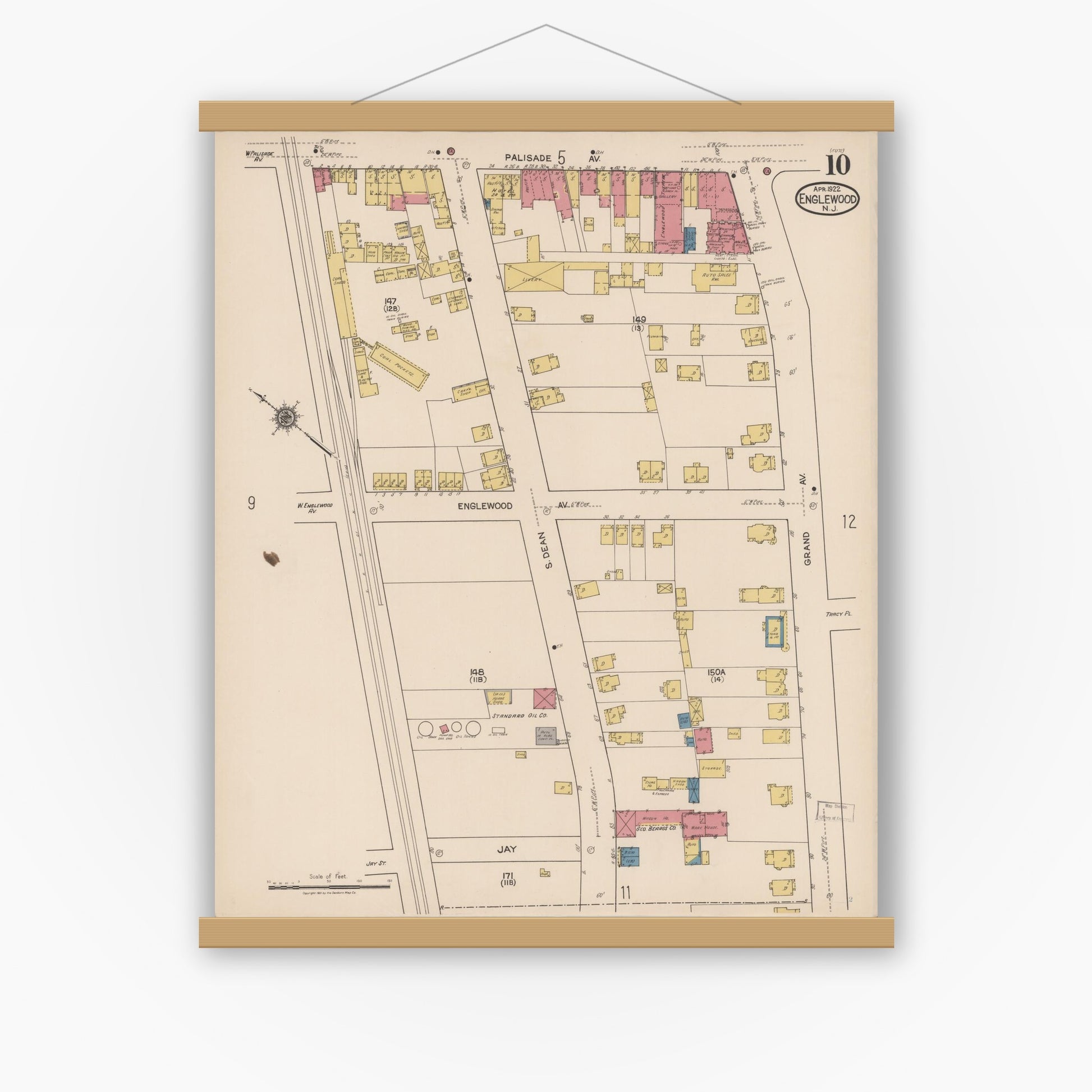 Old map wall art mockup — magnetic wood frame on white wall — Sanborn Fire Insurance Map from Englewood, Bergen County, New Jersey (1922), Sheet #0010