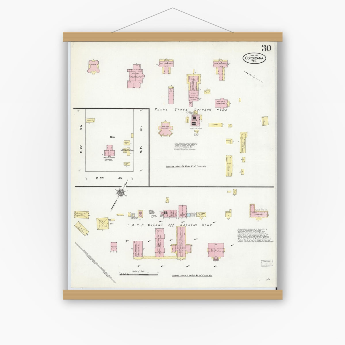 Old map wall art mockup — magnetic wood frame on white wall — Sanborn Fire Insurance Map from Corsicana, Navarro County, Texas (1910), Sheet #0030
