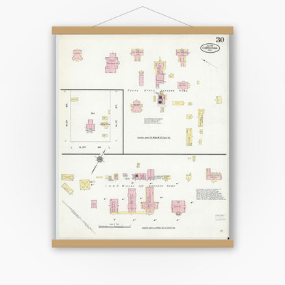 Old map wall art mockup — magnetic wood frame on white wall — Sanborn Fire Insurance Map from Corsicana, Navarro County, Texas (1910), Sheet #0030