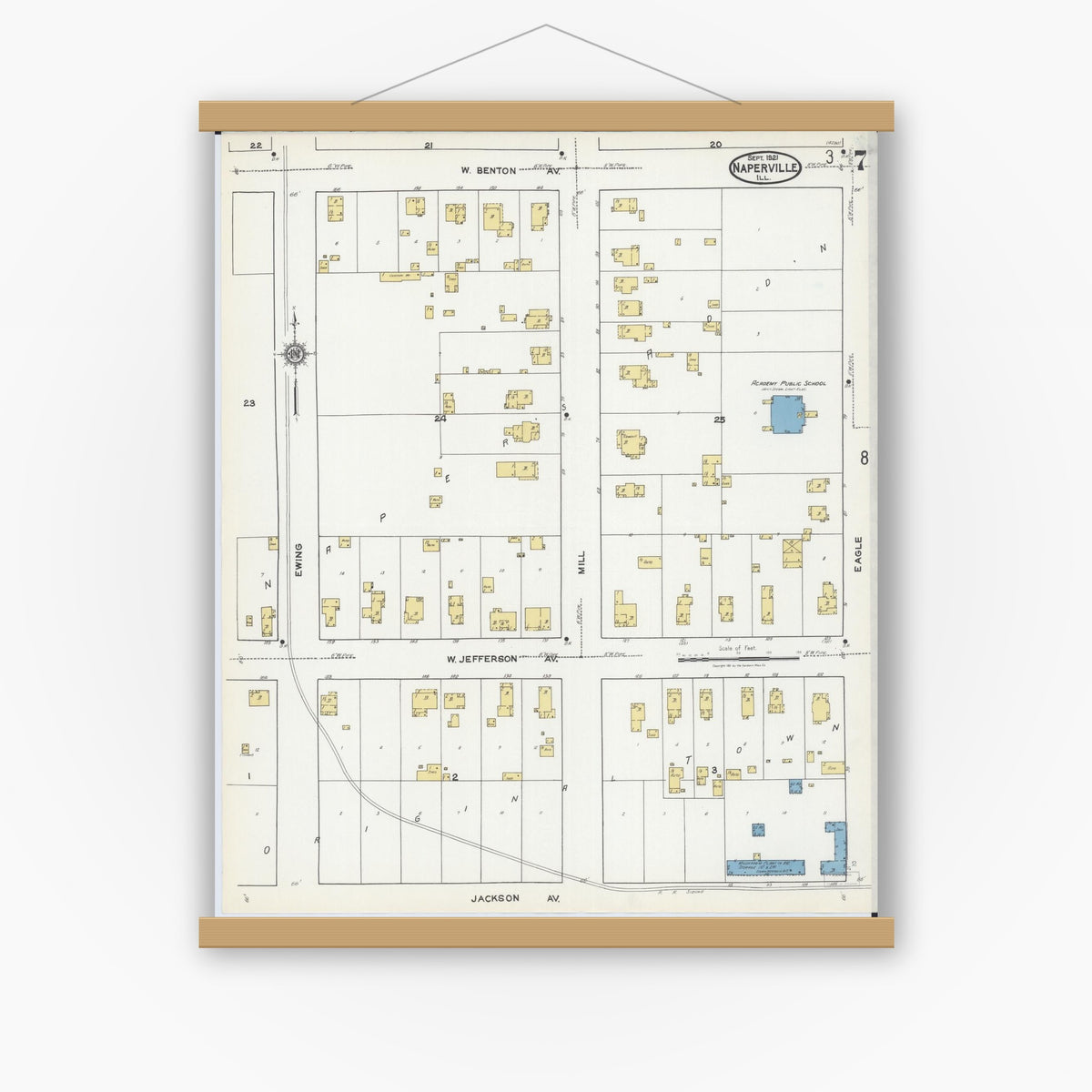 Old map wall art mockup — magnetic wood frame on white wall — Sanborn Fire Insurance Map from Naperville, Du Page County, Illinois (1921), Sheet #0007