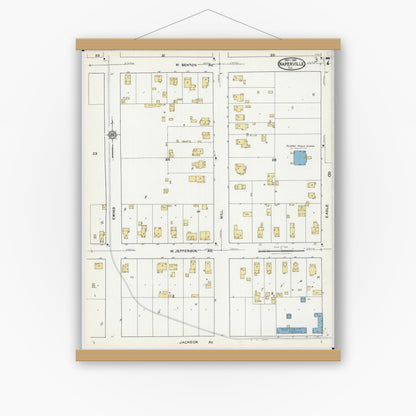 Old map wall art mockup — magnetic wood frame on white wall — Sanborn Fire Insurance Map from Naperville, Du Page County, Illinois (1921), Sheet #0007