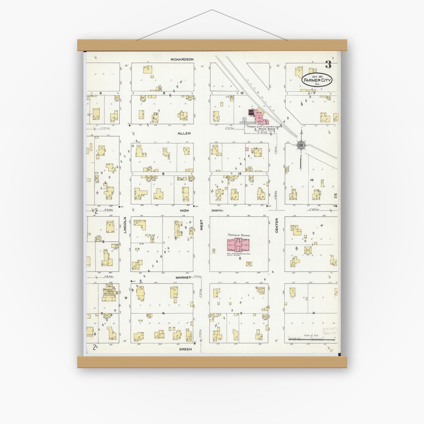 Old map wall art mockup — magnetic wood frame on white wall — Sanborn Fire Insurance Map from Farmer City, De Witt County, Illinois (1911), Sheet #0003