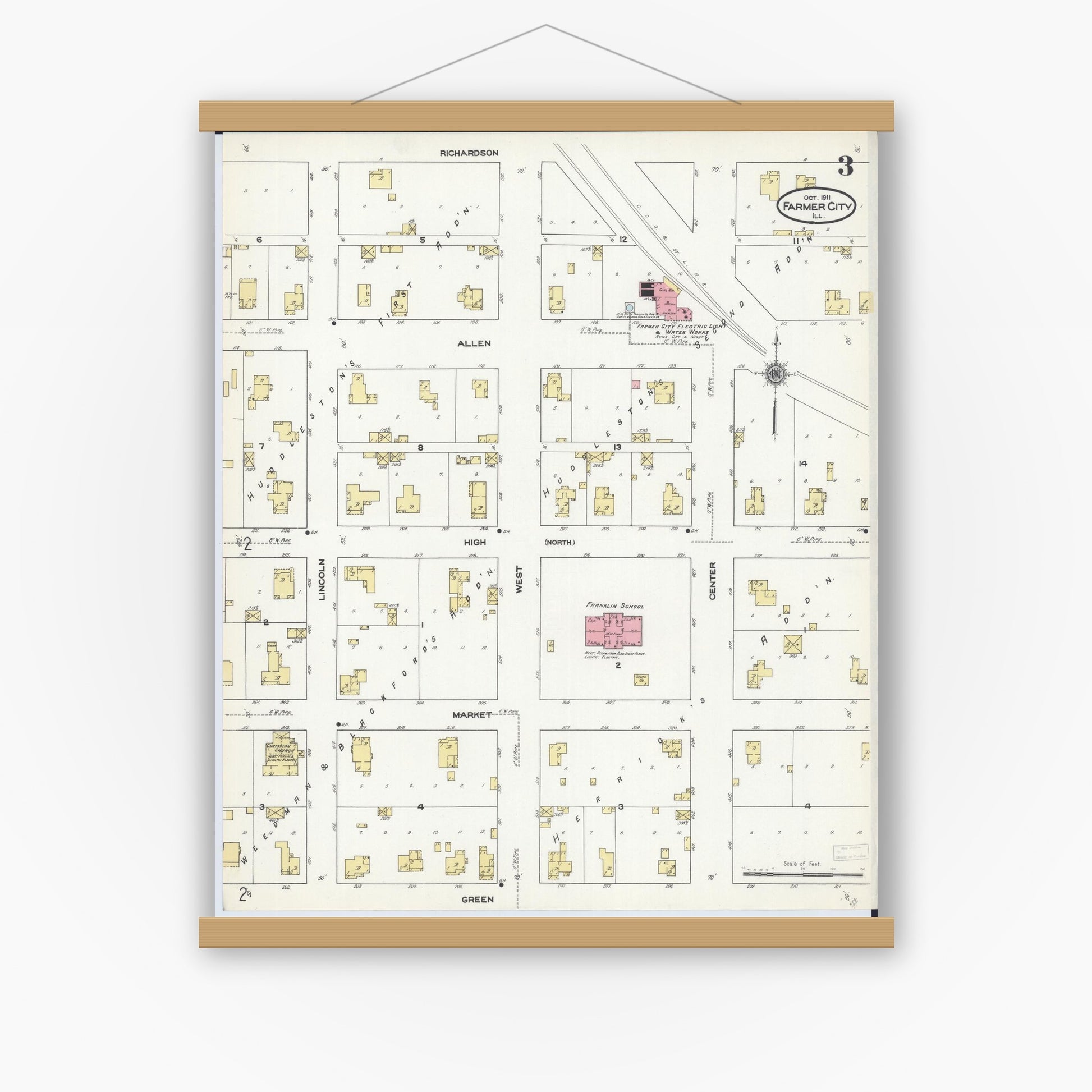 Old map wall art mockup — magnetic wood frame on white wall — Sanborn Fire Insurance Map from Farmer City, De Witt County, Illinois (1911), Sheet #0003