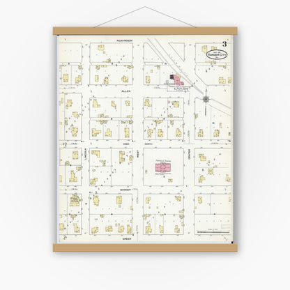 Old map wall art mockup — magnetic wood frame on white wall — Sanborn Fire Insurance Map from Farmer City, De Witt County, Illinois (1911), Sheet #0003