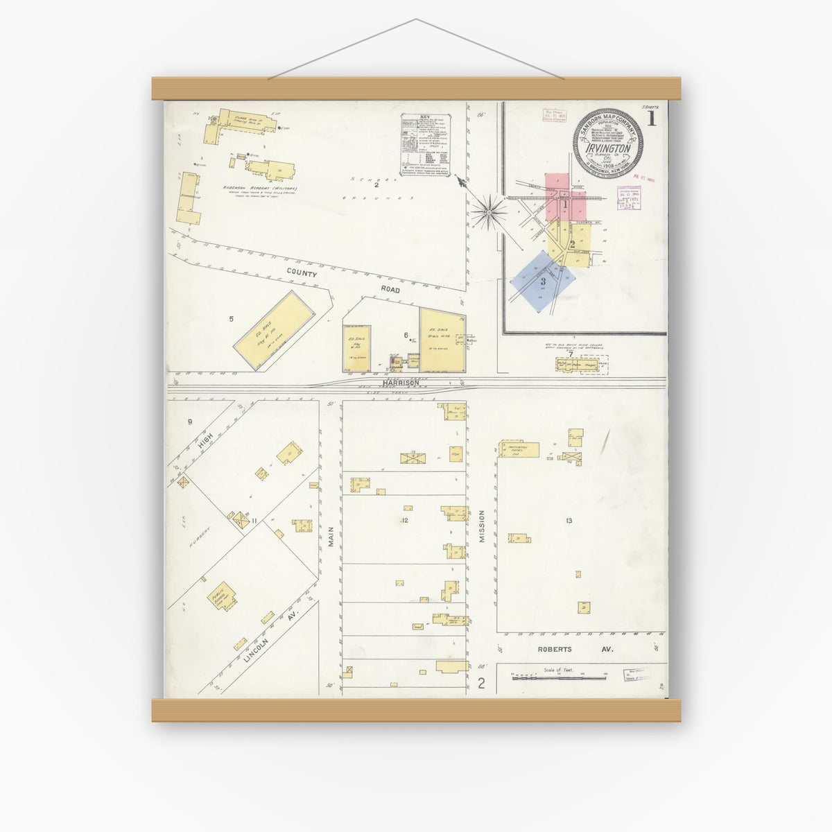 Old map wall art mockup — magnetic wood frame on white wall — Sanborn Fire Insurance Map from Irvington, Alameda County, California (1908), Sheet #0001