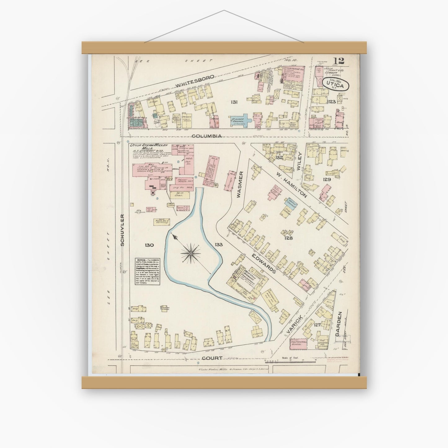 Old map wall art mockup — magnetic wood frame on white wall — Sanborn Fire Insurance Map from Utica, Oneida County, New York (1884), Sheet #0012