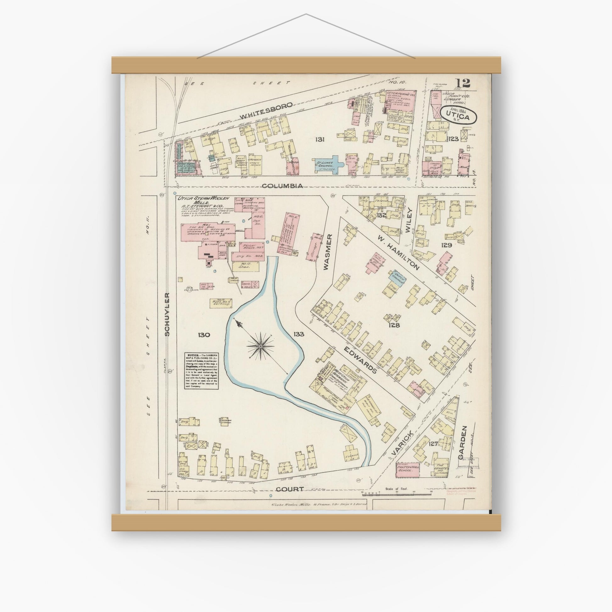 Old map wall art mockup — magnetic wood frame on white wall — Sanborn Fire Insurance Map from Utica, Oneida County, New York (1884), Sheet #0012