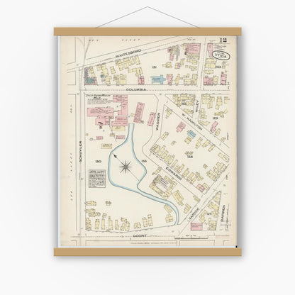 Old map wall art mockup — magnetic wood frame on white wall — Sanborn Fire Insurance Map from Utica, Oneida County, New York (1884), Sheet #0012