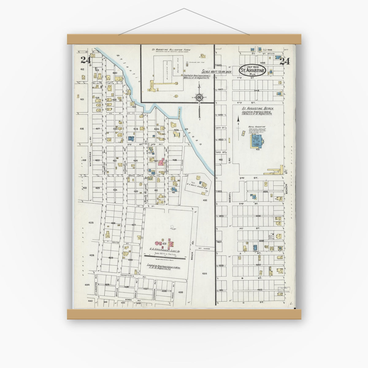 Old map wall art mockup — magnetic wood frame on white wall — Sanborn Fire Insurance Map from Saint Augustine, Saint John's County, Florida (1924), Sheet #0024