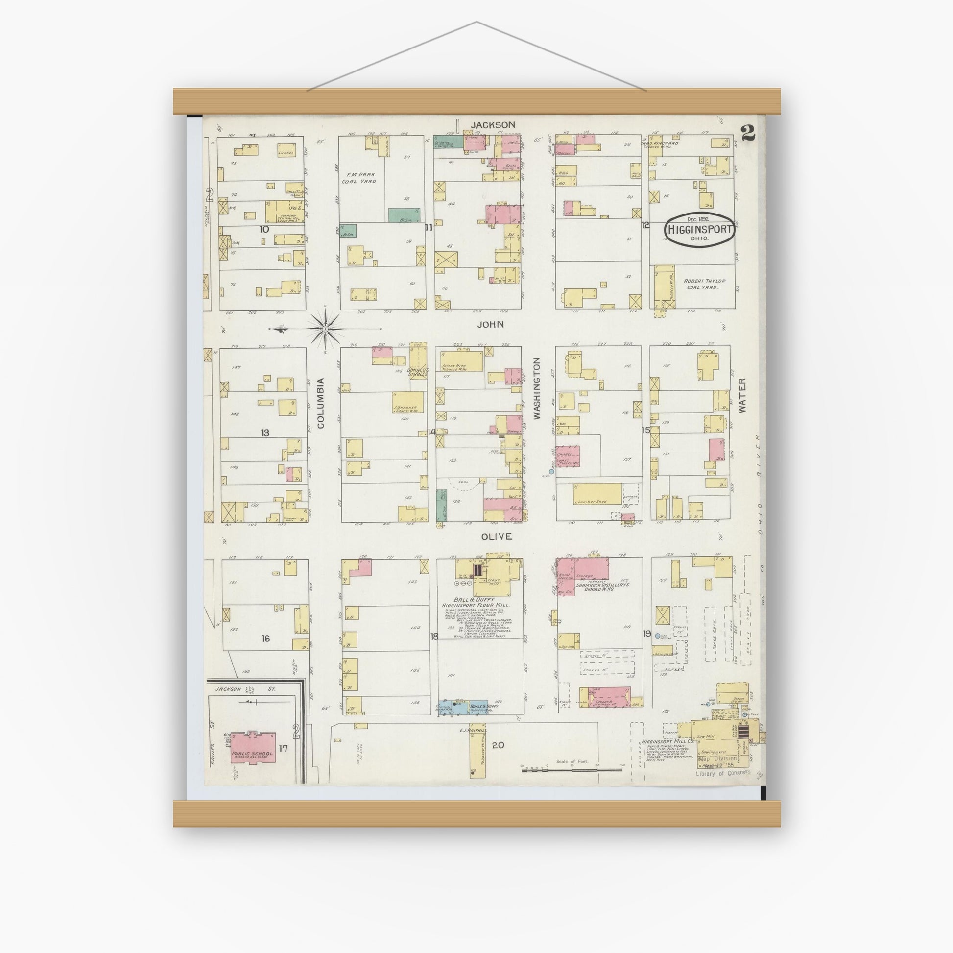 Old map wall art mockup — magnetic wood frame on white wall — Sanborn Fire Insurance Map from Higginsport, Brown County, Ohio (1892), Sheet #0002