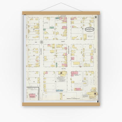 Old map wall art mockup — magnetic wood frame on white wall — Sanborn Fire Insurance Map from Higginsport, Brown County, Ohio (1892), Sheet #0002
