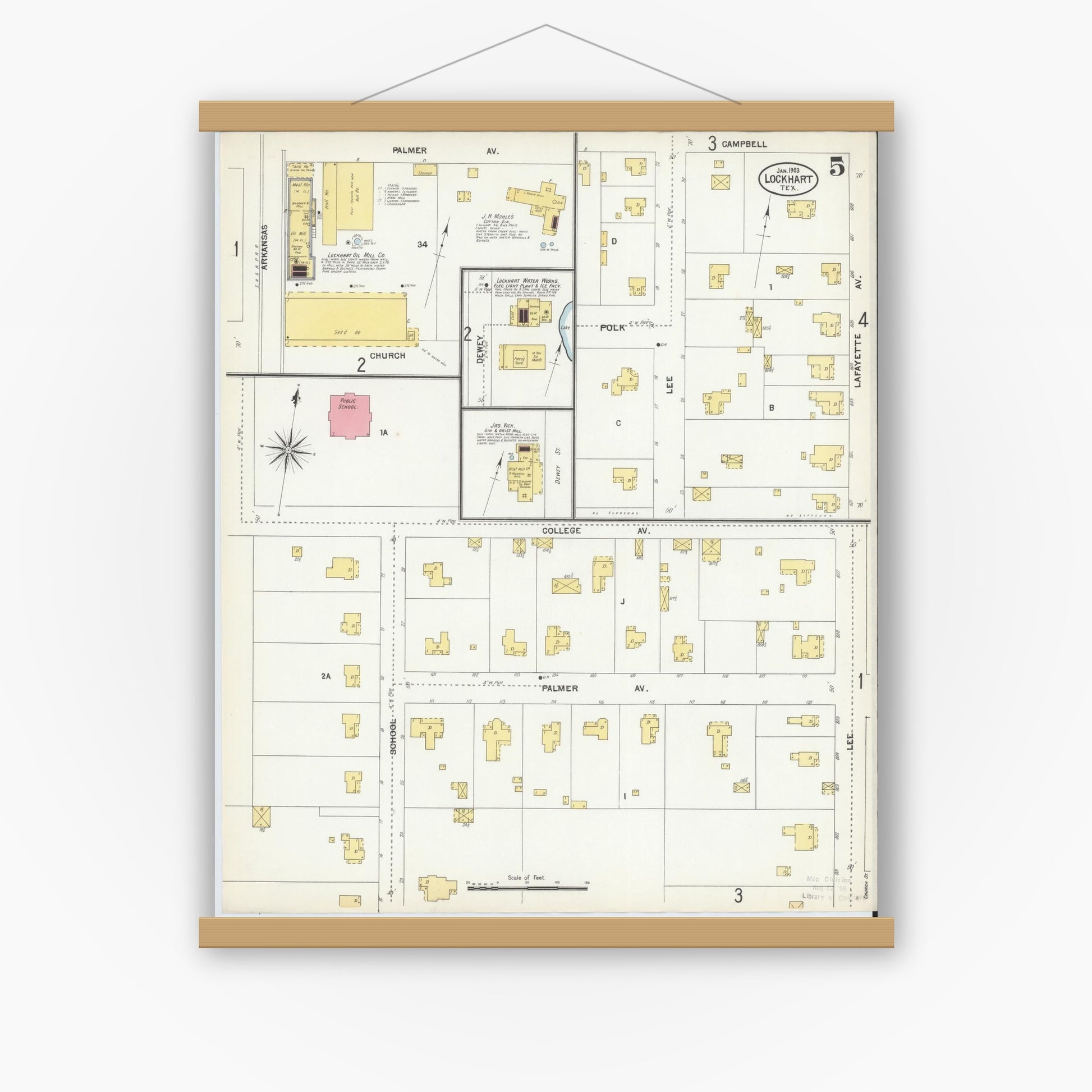 Old map wall art mockup — magnetic wood frame on white wall — Sanborn Fire Insurance Map from Lockhart, Caldwell County, Texas (1903), Sheet #0005